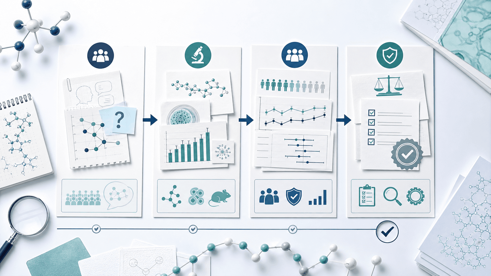 A four-stage evidence map moving from a community question through laboratory research and human studies to regulatory and safety review